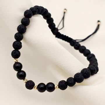 Bratara pietre semipretioase - Lava cu 4 Onix si 6 bilute de 3 mm din Aur 14K - Snur negru rezistent si reglabil
