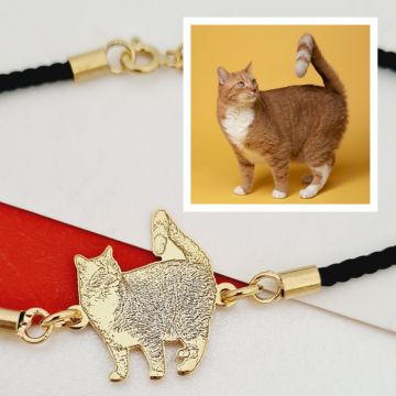 Bratara pisica iubita - Personalizare cu poza - Argint 925 placat cu Aur Galben 18K - Snur gros, model fix