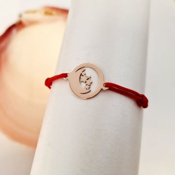 Bratara simbol - Banut 12 mm cu semiluna si stelute - Aur Roz 14 K - Snur reglabil