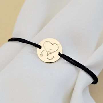 Bratara Stetoscop sub forma unei inimi - Banut 12 mm - Aur Galben 9K - Snur reglabil, diverse culori