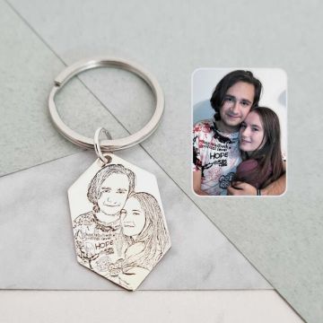 Breloc personalizat cu poza - Amintire dragă - Hexagon 30x18 mm din Argint 925 - Inel otel inoxidabil
