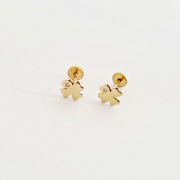 Cercei bebe/fetite cu Diamant natural - Model trifoi cu patru foi - Aur Galben 14K - Inchizatoare sigura si confortabila cu filet