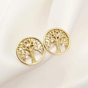 Cercei Copacul Vietii - decorat cu Zirconii albe - Argint 925 placat cu Aur Galben 18K