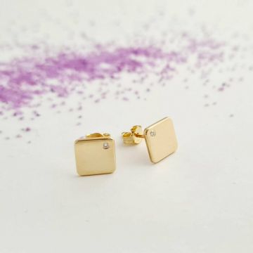 Cercei cu Diamante naturale - Model patrat cu colturi rotunjite - Aur Galben 14K - Inchizatoare surub