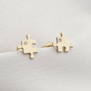 Cercei cu Diamante naturale - Piese de puzzle - Aur Galben 14K - Inchizatoare surub