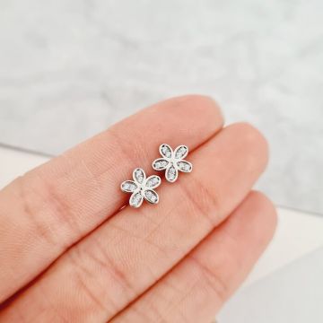 Cercei Floare radianta - Aur Alb 9K decorat cu Zirconii albe - Inchizatoare surub