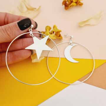 Cercei rotunzi BIG HOOPS cu simboluri mixte - Argint 925 - Inchizatoare surub