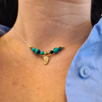 Choker cu piciorus personalizat - 6 pietre Turcoaz si 4 bilute de 4 mm - Argint 925 placat cu Aur Galben 18K - Lant silicon cu inchizatoare carabina
