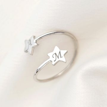 Inel 2 stelute - Gravura initiale personalizata - Argint 925 - Model reglabil