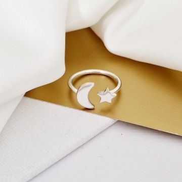 Inel semiluna si steluta - Gravura initiale personalizata - Argint 925 - Model reglabil