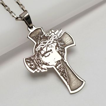 Lantisor Chipul lui Iisus pe crucea sfanta - Bijuterie cu Har pentru barbat - Argint 925 Rodiat - Lant cu zale groase