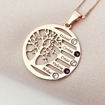 Lantisor Copacul Vietii ARMONIE - Personalizat cu 5 Nume si Cristale Swarovski - Argint 925 placat cu Aur Roz 18K