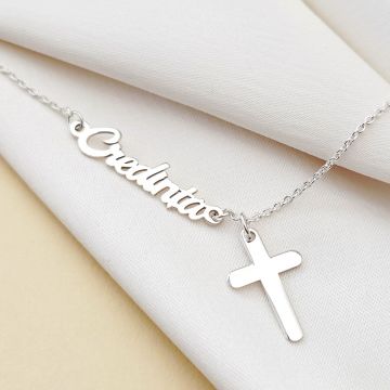 Lantisor Credinta ta - Bijuterie cu Har - Pandantiv cruce si cuvant pe lateral - Argint 925