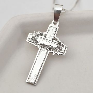 Lantisor Crucea de lemn cu Coroana de spini - Bijuterie cu Har - Argint 925