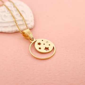 Lantisor cu Diamant Natural - Pandantiv 16 mm - Luna si stelute - Argint 925 placat cu Aur Galben 18K
