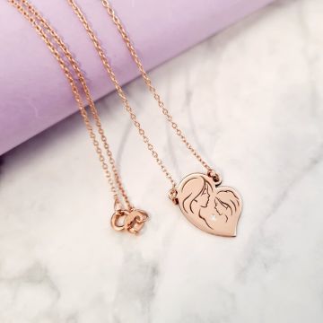 Lantisor cu Diamant natural - Pandantiv Inima - Mama si fiica - Argint 925 placat cu Aur Roz 18 K
