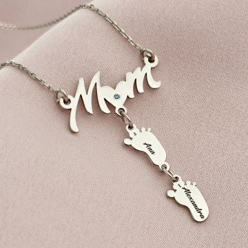 Lantisor cu Diamant Natural - Pandantiv Mom si 2 picioruse - Argint 925 Rodiat