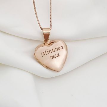 Lantisor cu medalion inima 20 mm cu poza in interior - Gravura personalizata - Argint 925 placat cu Aur Roz 18K