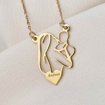 Lantisor In inima mamei - Pandantiv Mama&Bebe si inima personalizata cu nume - Argint 925 placat cu Aur Galben 18K