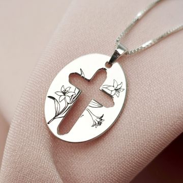 Lantisor Parfum Divin - Bijuterie cu Har - Pandantiv cruce si crin regal - Argint 925