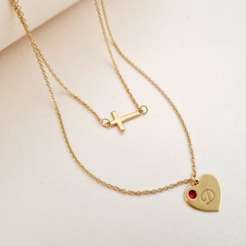 Lantisor personalizat - 2 Straturi - Inima si cruce - Argint placat cu Aur Galben 18K - Cristal Swarovski