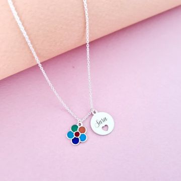 Lantisor personalizat cu 2 pandantive - Floare multicolora cu email - Banut cu nume si inima decupata - Argint 925