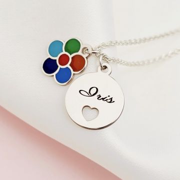 Lantisor personalizat cu 2 pandantive - Floare multicolora cu email - Banut cu nume si inima decupata - Argint 925