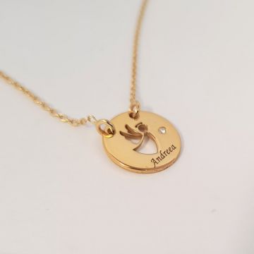 Lantisor personalizat cu Diamant natural - Pandantiv banut ingeras decupat cu aripi laterale - Argint 925 placat cu Aur Galben 18K