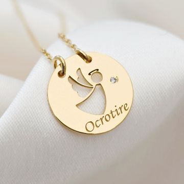 Lantisor personalizat cu Diamant natural - Pandantiv banut ingeras decupat cu aripi laterale - Argint 925 placat cu Aur Galben 18K