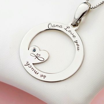 Lantisor personalizat cu Diamant Natural - Pandantiv disc cu nume si simbolul infinit al iubirii - Argint 925 Rodiat