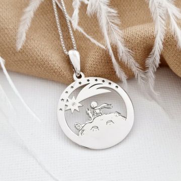Lantisor personalizat cu Diamant natural - Pandantiv Micul Print vulpea si trandafirul - Argint 925 Rodiat