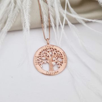 Lantisor personalizat cu nume - Copacul Vietii decorat cu Zirconii albe - Argint 925 placat cu Aur Roz 18K