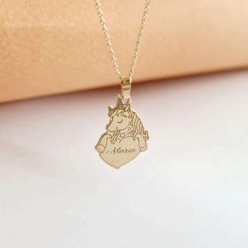 Lantisor personalizat cu nume - Pandantiv Unicorn si inima - Aur Galben 14K
