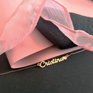Lantisor personalizat cu nume si simbol inima - Font elegant - Argint 925 placat cu Aur Roz 18K