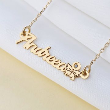 Lantisor personalizat cu Nume, simbol fluture si Diamant natural - Argint 925 placat cu Aur Galben 18K