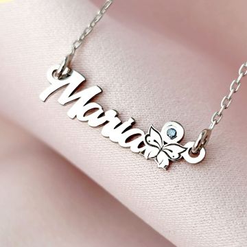 Lantisor personalizat cu Nume, simbol fluture si Diamant natural - Argint 925 Rodiat