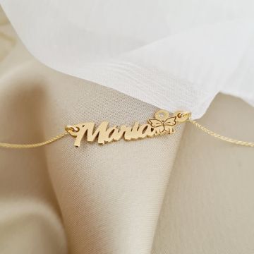 Lantisor personalizat - Nume 5 litere, simbol fluture si Diamant natural - Aur Galben 14 K