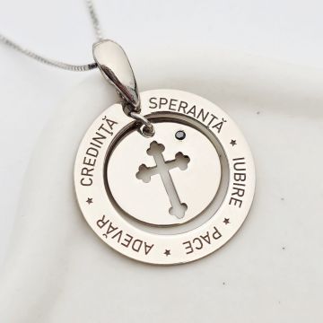 Lantisor Puterea cuvintelor - Bijuterie cu Har - Pandantiv disc cu banut atasat - Argint 925 Rodiat - Diamant negru natural