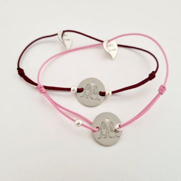 Set 2 bratari personalizate cu Diamant natural - Sisters Forever- Banut 15 mm cu 2 siluete Surori/Prietene - Bilute 4 mm - Argint 925 - Snur