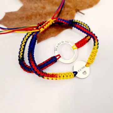 Set 2 bratari personalizate - Dor de tine - Disc si banut cu inima decupata - Argint 925 - Snur impletit tricolor