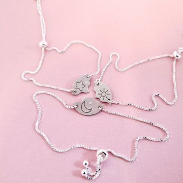 Set 3 bratari cu Diamant natural - Pandantive personalizate cu soare, luna si stea - Lantisor glisant ajustabil - Argint 925