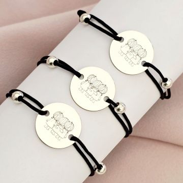 Set 3 bratari personalizate - Inima Smile- Banut 15 mm cu 3 siluete cu codite Surori/Prietene - Bilute 4 mm - Argint 925 - Snur reglabil