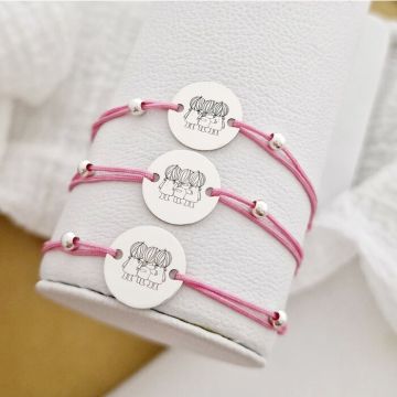 Set 3 bratari personalizate - Inima Smile- Banut 15 mm cu 3 siluete cu codite Surori/Prietene - Bilute 4 mm - Argint 925 - Snur reglabil