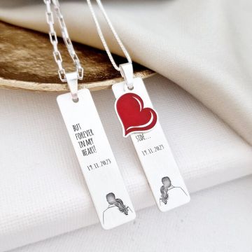 Set lantisoare cu pandantive dreptunghiulare personalizate - El si Ea - Argint 925 cu finisare aspect mat - Pandantiv inima decorat cu email colorat