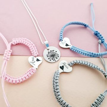 Set papadie - Lantisor cu pandantiv banut - 3 bratari inima personalizate cu nume - Bratari snur impletit - Argint 925