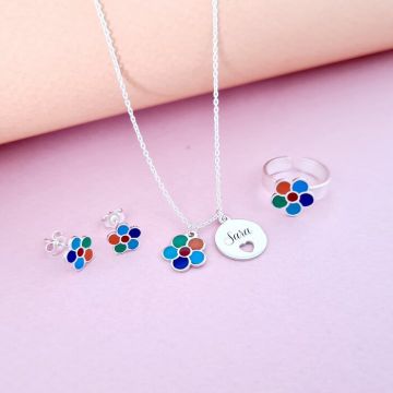 Set personalizat - Floare multicolora - Lantisor, cercei si inel - Argint 925