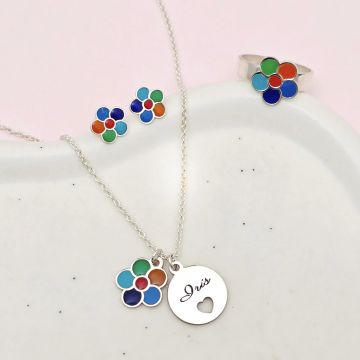 Set personalizat - Floare multicolora - Lantisor, cercei si inel - Argint 925